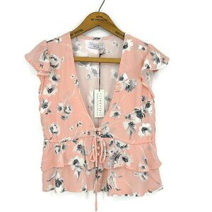 New Flynn Skye Cecilia Blouse Womens XS Pink Grey Floral  Short Sleeve Top